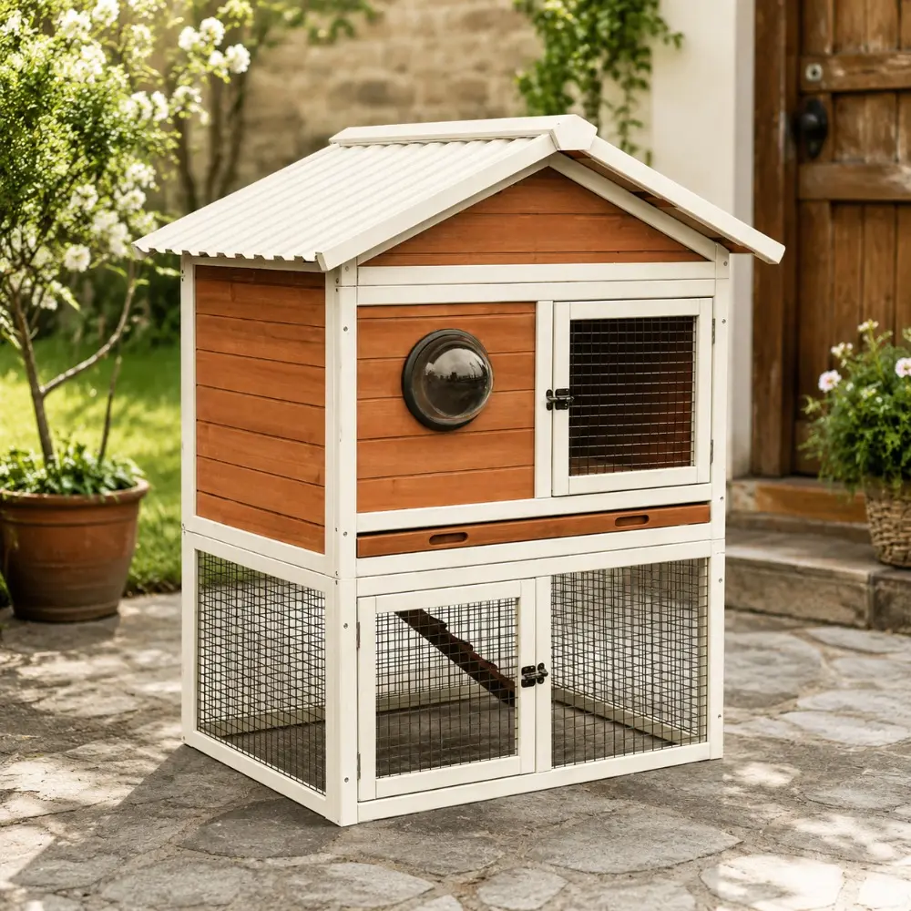 Littleox Premium Wooden Rabbit Hutch, Weatherproof Outdoor Bunny House with Run & Pull-Out Tray, Spacious Pet Habitat for Small Animals