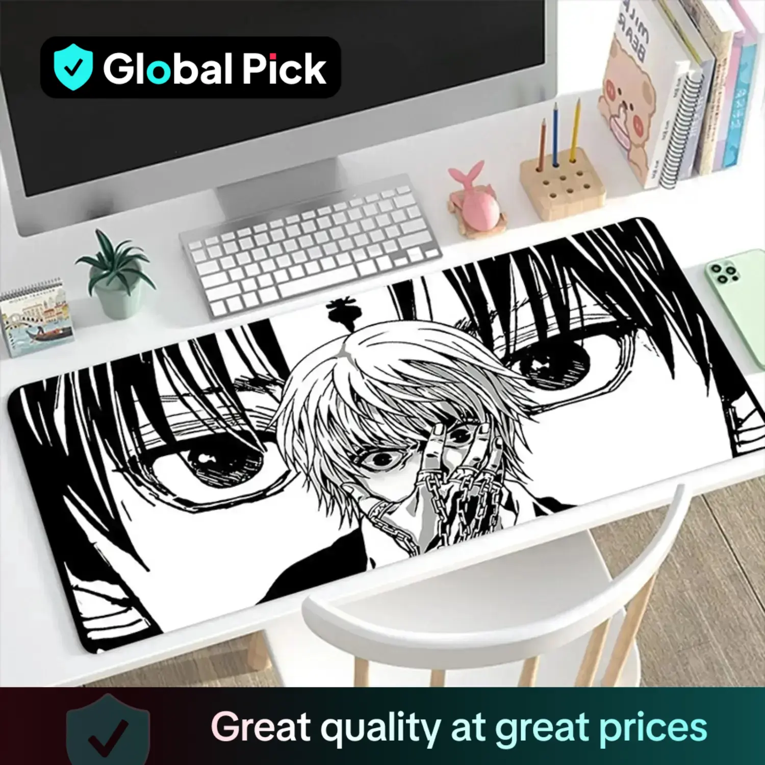 Anime Character Design Large Gaming Mouse Pad, Non-slip Rubber Base Stitched Edge Desk Pad for Desk Laptop Desktop, Office Desk Accessories, Corporate