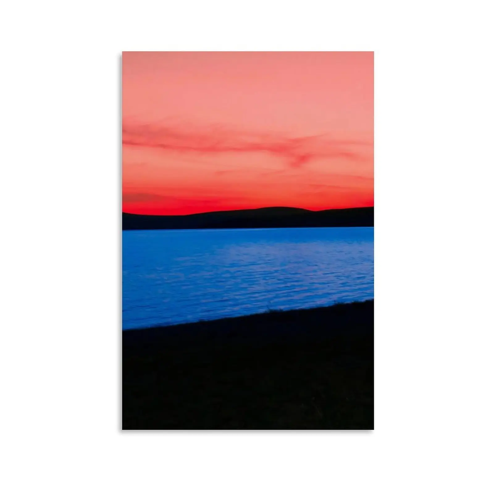 Minimalist Sunset Lake Canvas Wall Art, Red Sky and Blue Water Landscape , Modern Color Block Nature Poster for Bedroom, Living Room, Dorm, Office, Hallway, Studio, Relaxing Home Decor high-quality print