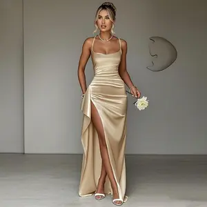 Women’s pleated satin evening gown with slit, summer formal basic long skirt GARMENTARY