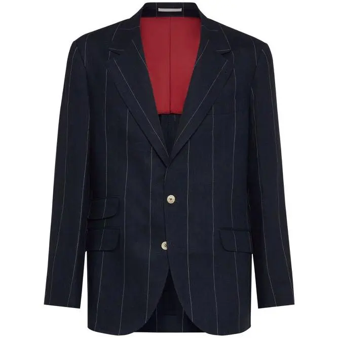 BRUNELLO CUCINELLI MEN'S NAVY LINEN PINSTRIPE BLAZER