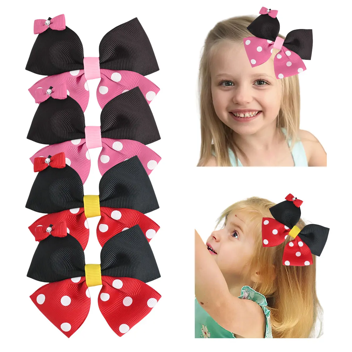 Cute Polka Dot Hair Bows for Girls, 4-Piece Set of 3-Inch Knit Fabric Clips with Secure Hold for a Playful, Casual Look