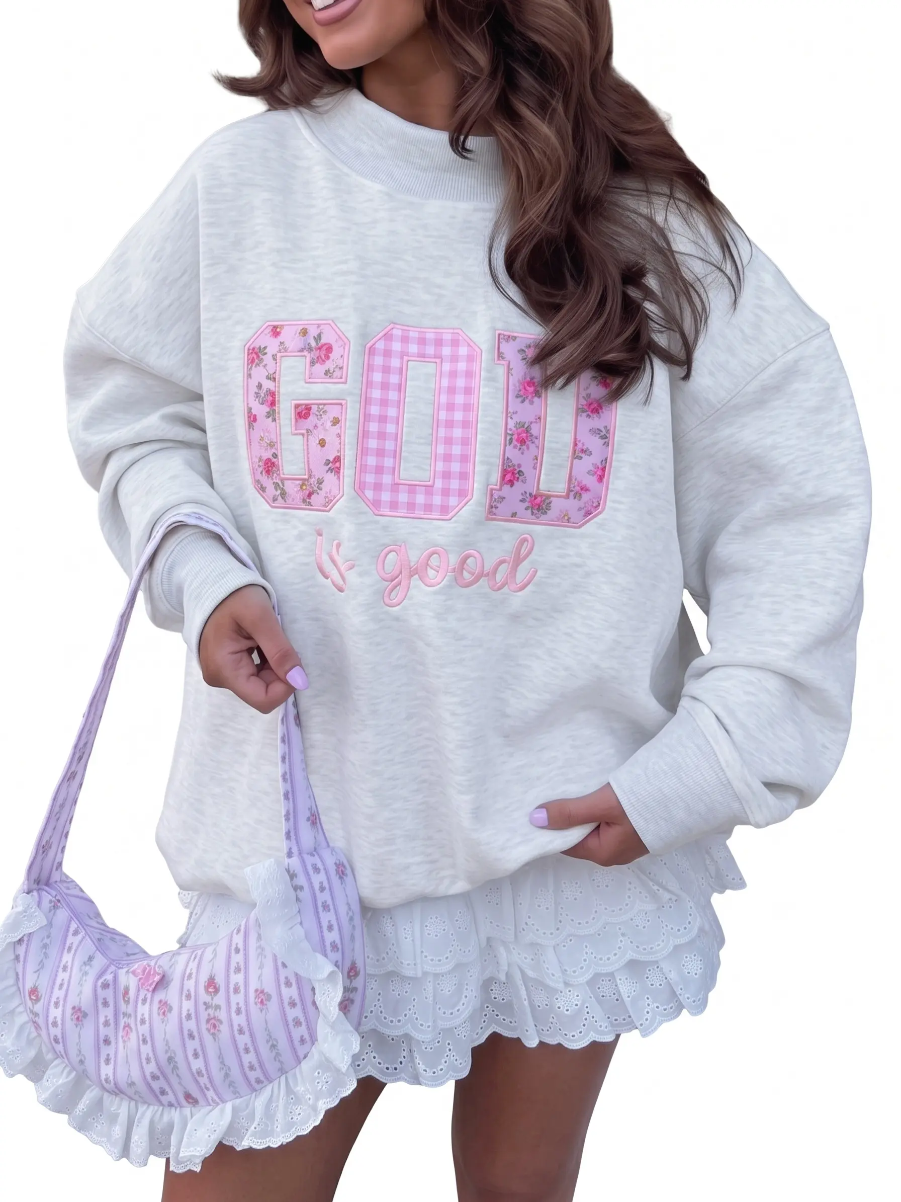 Women's Oversized Mock Neck Sweatshirt God is Good Appliqué Embroidery Long Sleeve Christian Pullover Tops