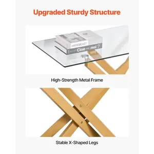 VEVOR Glass Coffee Table, Modern Rectangle Sofa Side Table with Tempered Glass Top Iron Cross-Legs, Golden Geometric Consloe Desk with Adjustable Anti-slip Foot Pads for Living Room, Entryway, Foyer