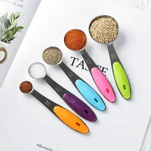 5pcs Stainless Steel Measuring Spoon Set With Silicone Handles - Perfect For Cooking And Baking, Food-, No Electricity Needed, Includes 1/4, 1/3, 1/2, 2/3, And 1 Cup Spoons, Kitchen Essentials|Stainless Steel Spoons|Durable Kitchenware Utensils
