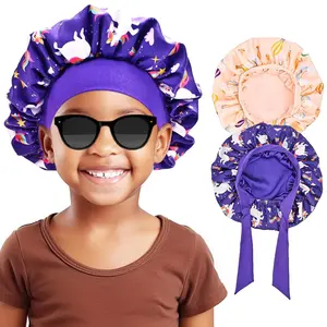 SQ-HDW212 2 PCS Kids Bonnets for Girls, Reversible Silk Bonnet for Sleeping Satin Bonnet Cap with Wide Elastic Band -Purple & Pink