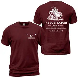 Kimes Ranch Western Rodeo T-Shirt, Western Ranch Graphic Tee, Bucking Bull Dust And Glory Open Back Print, Front Chest Logo And Large Back Print Tee, Maroon Cowboy Event Outfit Gift For Men And Women