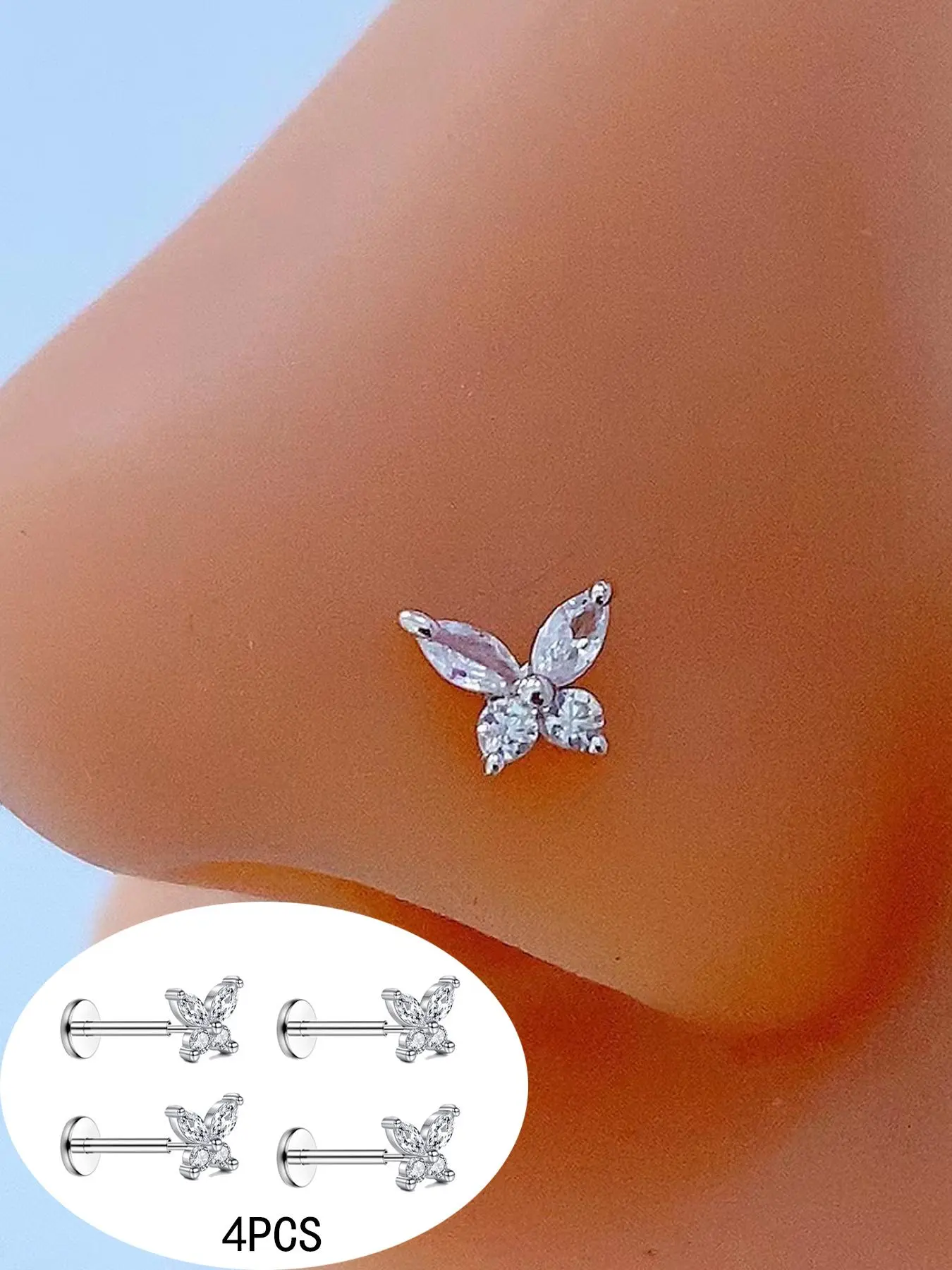 4pcs Butterfly CZ Nose Studs, Threadless Flat Back Hypoallergenic Stainless Steel, Push Pin Cartilage Earrings, Helix Tragus Piercings, 20G 6mm, Nose Piercing Jewelry, Body Piercing Jewelry