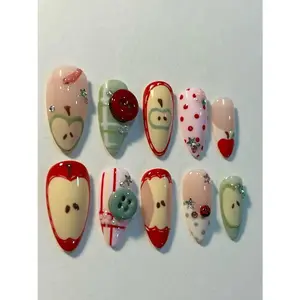 Apple Press On Nails, Cute Vintage Fruit Nail Art, Red Green Apple Tips, Handmade Cartoon Nail Set, Fall Kawaii Nails, Gift For Her