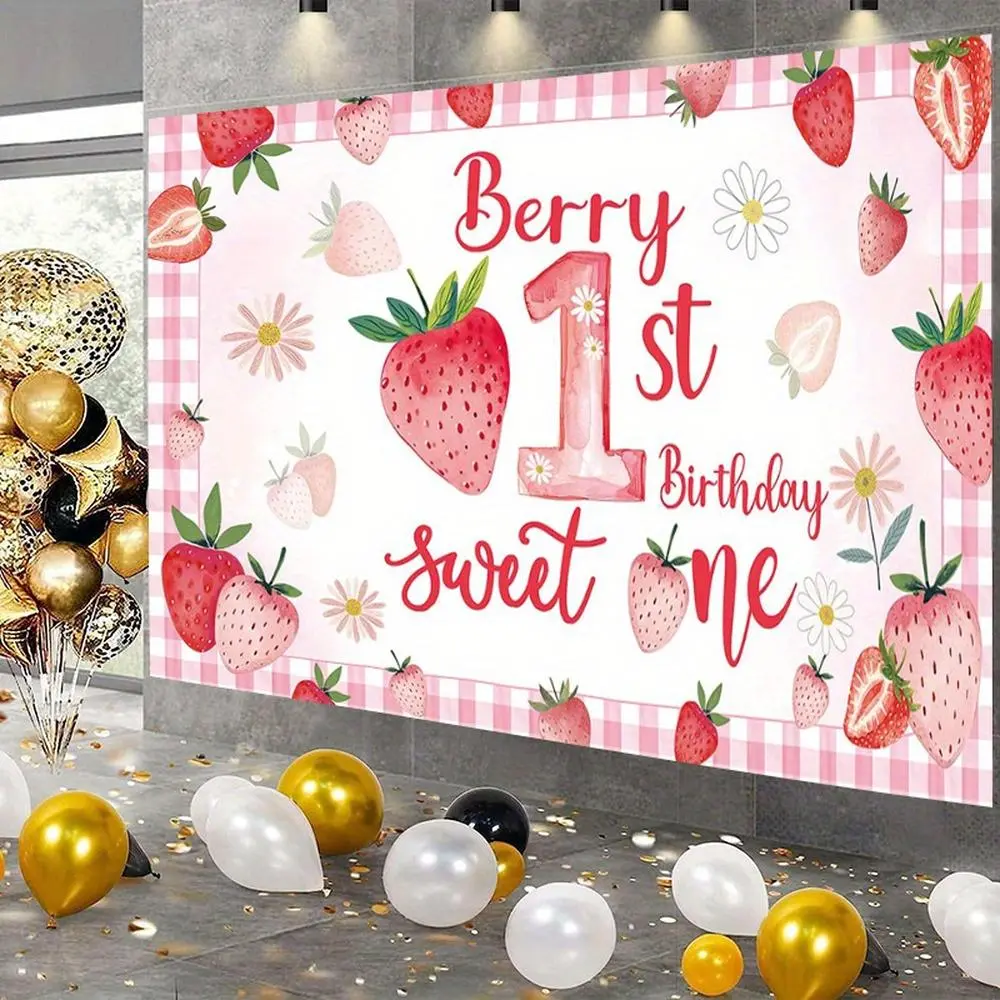1PC 2D Flat Berry Backdrop - Pink Plaid Strawberry Theme 1st Birthday Banner, Reusable Polyester Baby Party Decor, Kids Photo Booth Prop, Elegant Festive Backdrops & Banners (Home & Festive Party Supplies)
