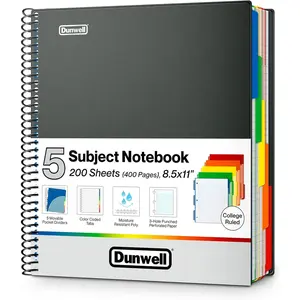 5-Subject Notebook, College Ruled, Colorful Movable Pocket Dividers with Tabs, Front/Back Plastic Covers, 200 Sheets (400 Pages) 3-Hole Punch Perforated 8.5x11 Paper