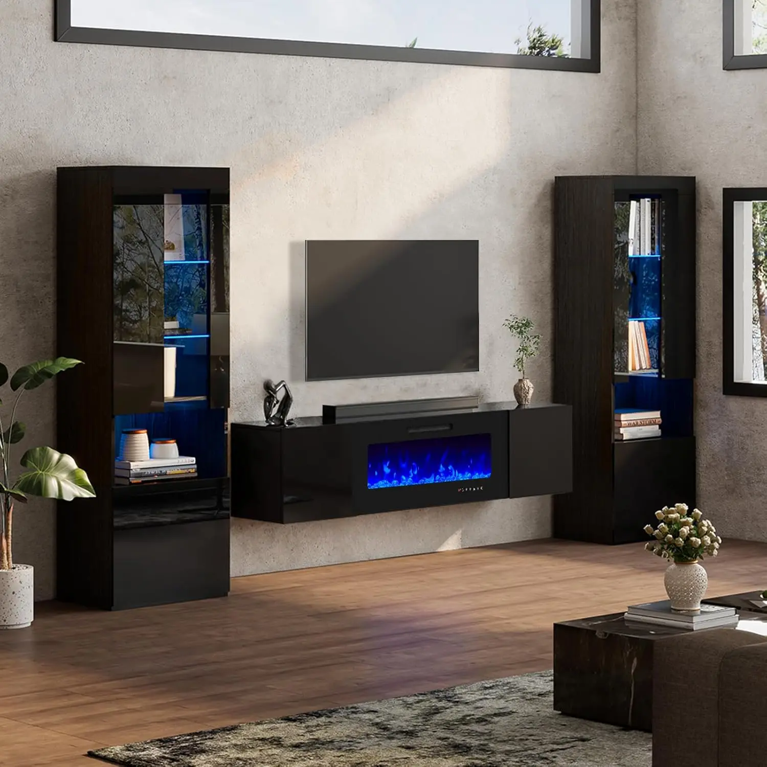 High Gloss Living Room Entertainment Center with LED Lights, Including Floating Fireplace TV Stand with Electric Fireplace& 2 Bookcases with Glass Doors