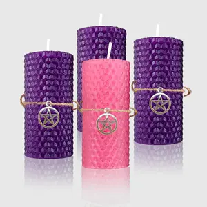 4PCS Beeswax Advent Candle Set, 1 Pink & 3 Purple Pillar Candles, 5x10cm Hand-Rolled Beeswax Candles, Unscented, Ideal for Christmas Advent Rituals, Holiday Home Decor & Witchy Gifts