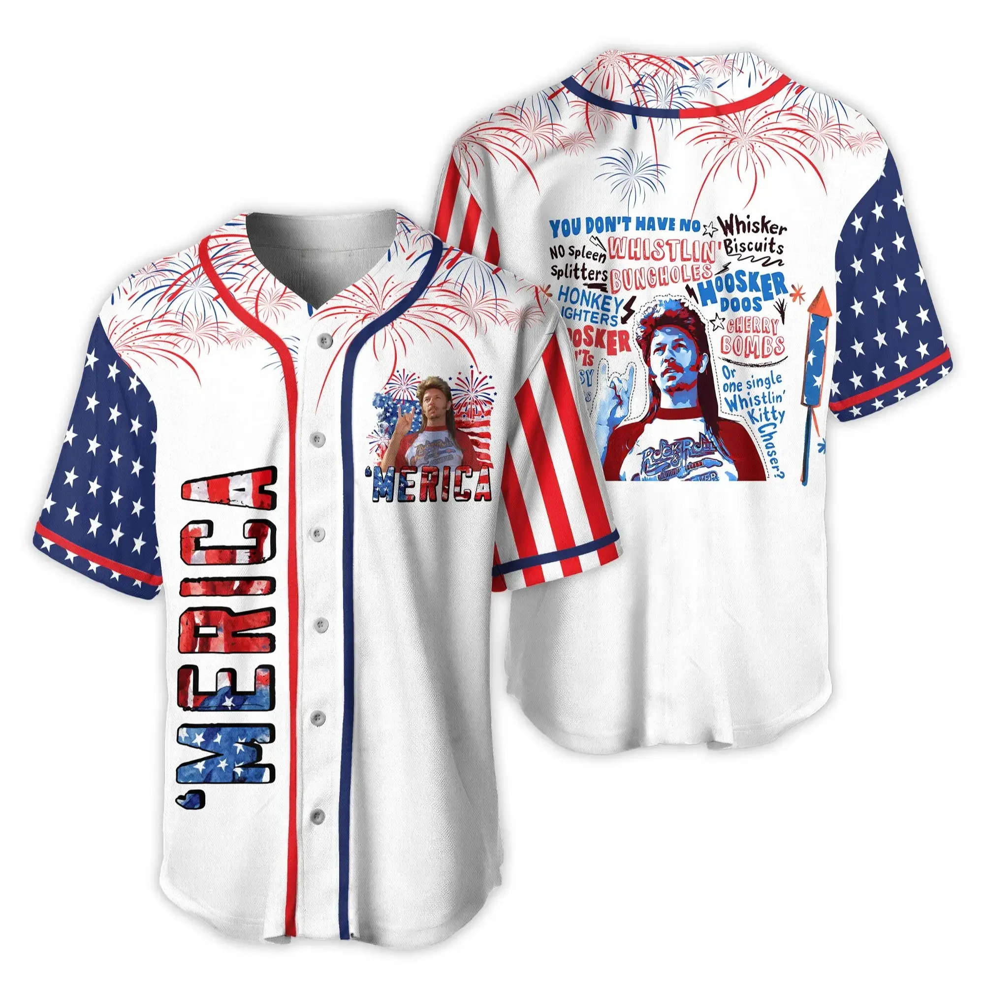 Joe Dirt Baseball Jersey – “Merica” 4th of July Graphic Button Up Shirt, Funny Patriotic Party Outfit for Men and Women