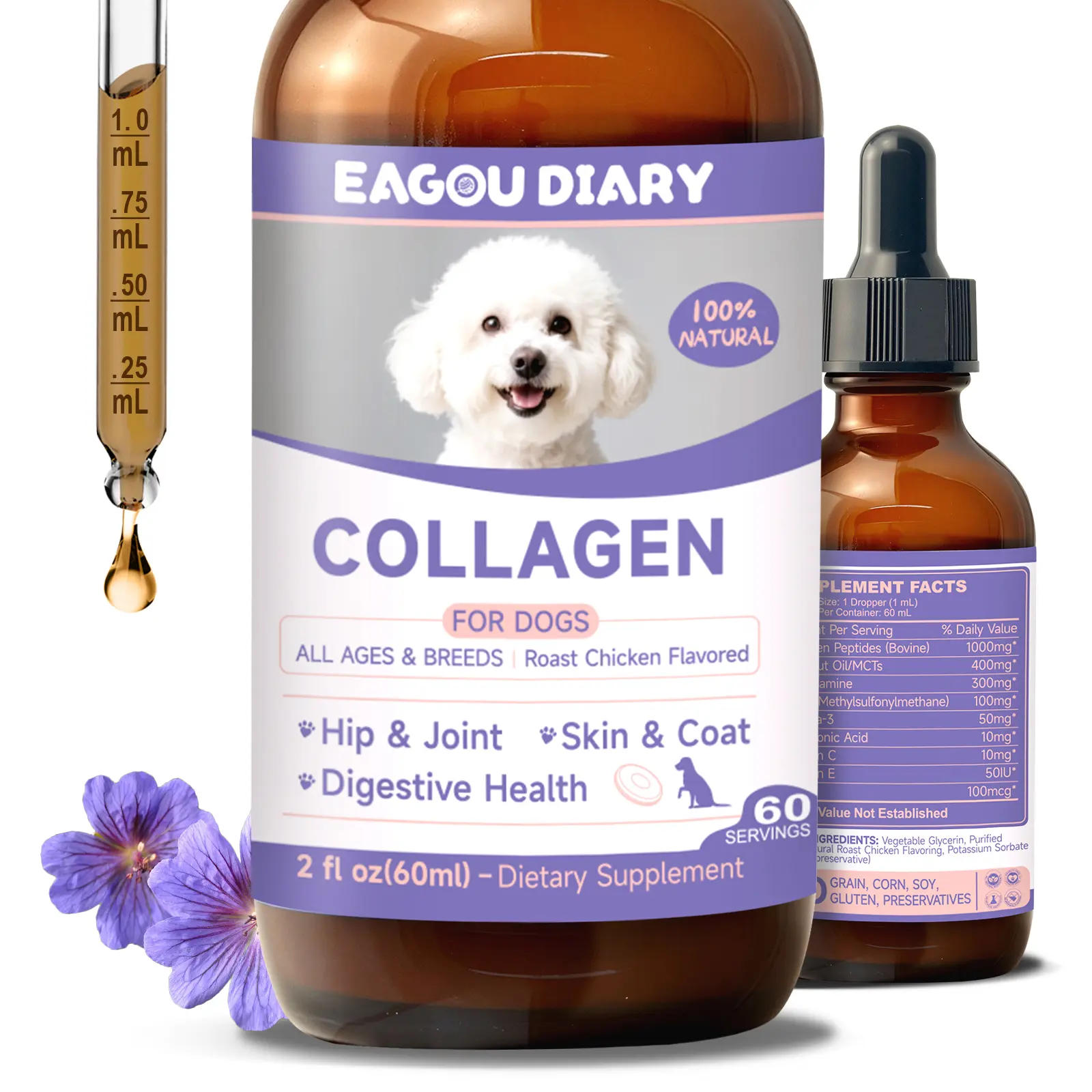 Collagen for Dogs - Dog Collagen Drops with Glucosamine, MSM, Biotin, VitaminC & E, Coconut Oil - Hip & Joint Supplement for Dog, Skin Coat Health, Gut & Immune Health, 60ml Collagen Drops for Dogs