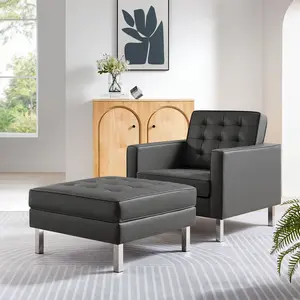 Loft Tufted Vegan Leather Armchair and Ottoman Set in Silver Gray