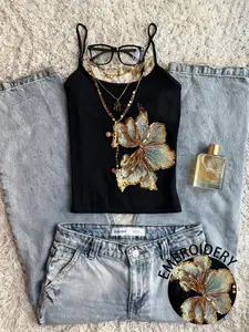 Women's Vintage-Inspired Gold Floral Embroidered Cami Strap Top, Trendy Y2K Streetwear Sleeveless Tank For Street Style & Everyday Outfits