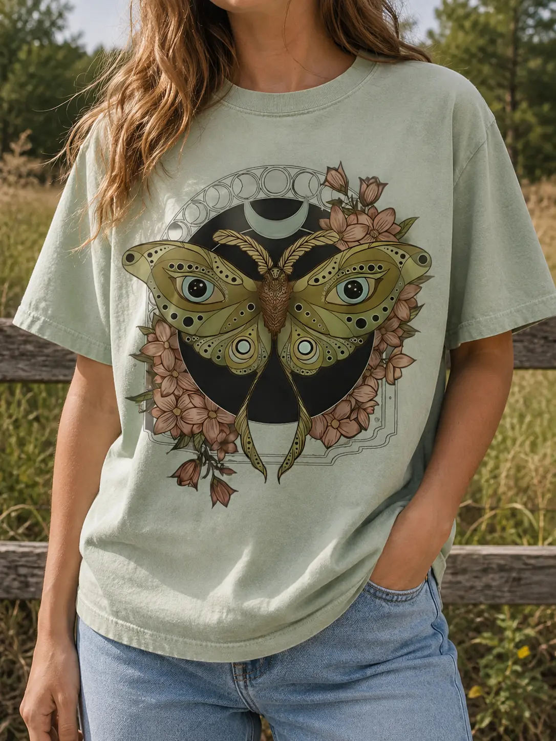 Comfort Colors Luna Moth TShirt, Wildflower Celestial Cottagecore Shirt, Mystical Moon Phase Top, Witchy Cute Boho Flower TX2, Printed, Unisex, T-Shirt, Style, Fit, Casual, Love, Comfortable, Soft, Loose Layback Fit, Cotton
