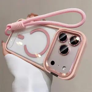 Simple Metal lens holder magnetic transparent Phone Case for IPhone 17 Pro Max Transparent Casing Shockproof Cover Straw with wrist strap