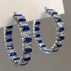 Synthetic Blue Sapphire and Diamond Copper Hoop Earrings: Luxurious September Birthstone - Perfect for Parties, Weddings, and Festive Occasions