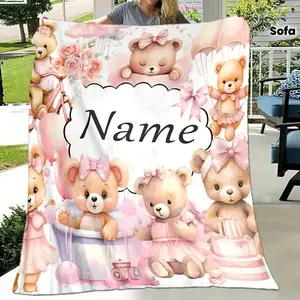 Cartoon Bear Blanket]Soft & Warm Cartoon Bear Print Blanket Personalized Name Design, Tear-Resistant Polyester, All-Season Lightweight Flannel for Adult,Girls' favorite  Family, Couple Gifts