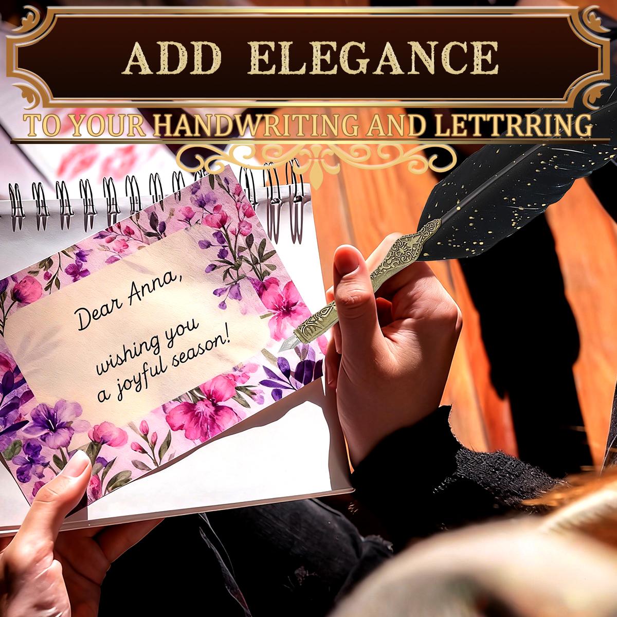 Vintage Feather Pen and Ink Set, Classic Goose Quill Pen with Carving Stand, Calligraphy Nibs & Black Dip Ink, Perfect Graduation Gift for Students Writers Artists