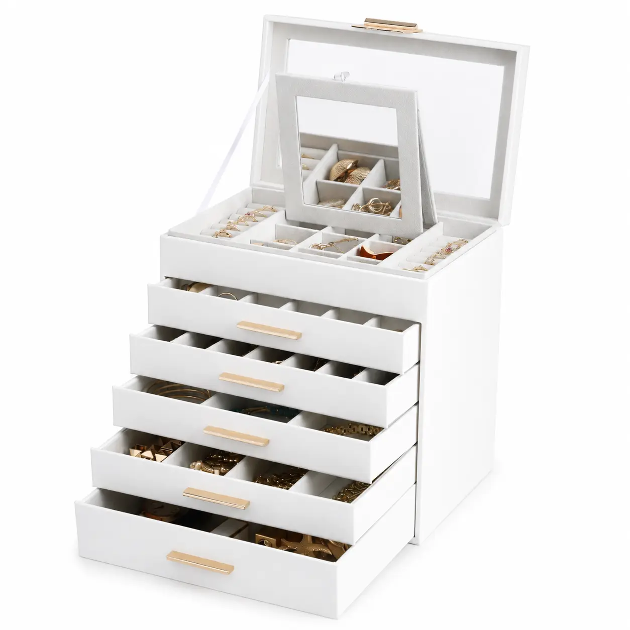 BOOVO 6-Layer Jewelry Organizer Box for Women - Large Jewelry Storage Box with Glass Lid & Mirror, PU Leather Jewelry Holder with Anti-Tarnish Velvet Lining, Necklace, Ring & Earring Organizer, Gift for Her