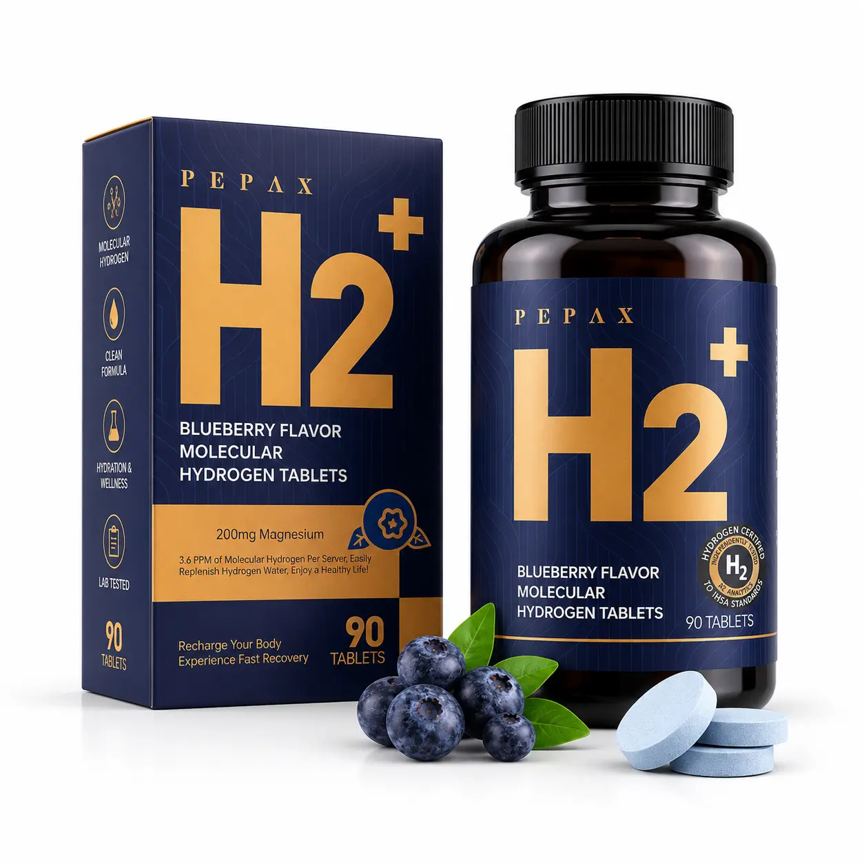 Blueberry Flavored Molecular Hydrogen Water Tablets with Natural Magnesium, 108 PPM Antioxidant-Rich Daily Supplement, 90 Count (1 Bottle, 45 Day Supply) for Fitness & Healthcare Support