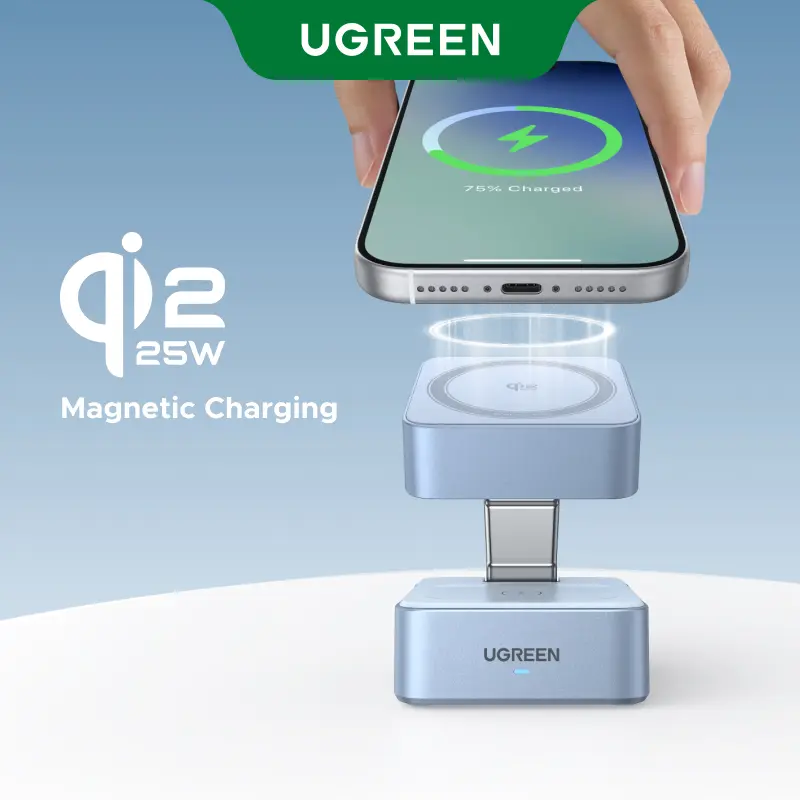 【LIVE ONLY】UGREEN 25W Magflow Wireless Charger 2-in-1 Magnetic Charging Station for iPhone 17/16/15/14/13/12 Pro Max, Fast Qi2 Certified Foldable Stand with USB-C Port, Compatible with AirPods, Dual Device Charging,TikTokShopholidayhaul summerwins