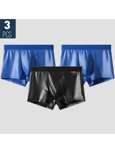 Men's Smooth Faux Leather Plain Briefs, Slim Fit Trendy Fashion Tight Casual Mid-Waist Four-Sided Pants, 3-Pack