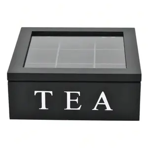 Wood Tea Storage Box, Teabag Storing 9 Compartments Wooden Tea Box with Clear Lid Reusable Tea Bag Caddy Large Capacity Tea Bag Box for Home Office 9x9x3.5 inch
