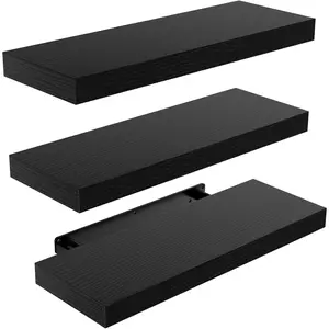 Floating Shelf Black, Wall-Mounted Shelf with Invisible Bracket Suitable for Bedroom, Bathroom, Living Room, Kitchen, Set of 3
