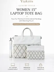 Yiaknis 2-Piece Laptop bag Set Women Luxury Style 15-Inch Laptop Tote Bag, Faux Fur Patchwork Embroidered Design, Elegance for Work & Travel Use