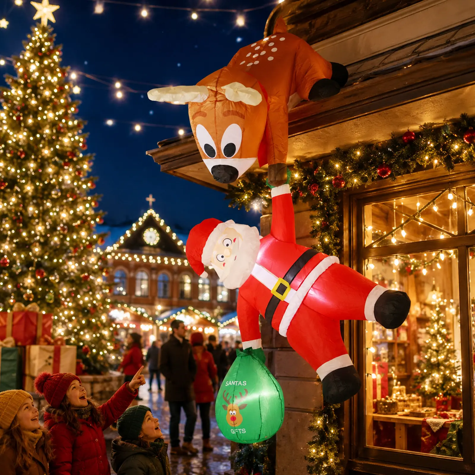 8FT/9FT Roof and Window Hanging Christmas Inflatable, Reindeer Pulling Climbing Santa/Climbing Santa with Two Elves for Indoor Outdoor Window Display, Built-in LED Lights Waterproof Polyester Hanging Decor, Christmas Inflatable for Indoor Outdoor Display