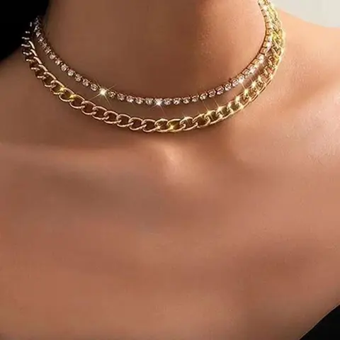 Women's Elegant Fashionable Rhinestone Decorated Choker & Chain Necklace, High End Bling Necklace, Cuban Link Chain, 2pcs Fashion Jewelry for Party, Daily Clothing Decor, Trendy All-match & Exquisite Jewelry for Birthday Gift