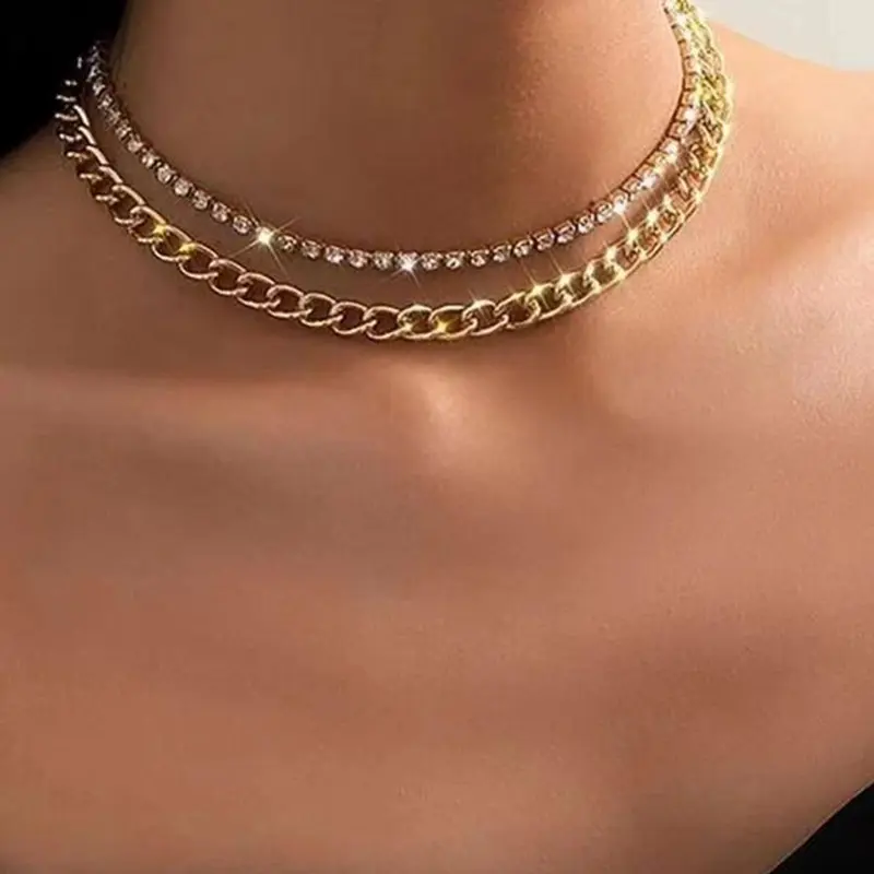 Women's Elegant Fashionable Rhinestone Decorated Choker & Chain Necklace, High End Bling Necklace, Cuban Link Chain, 2pcs Fashion Jewelry for Party, Daily Clothing Decor, Trendy All-match & Exquisite Jewelry for Birthday Gift