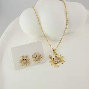 Crab Pendant and Earrings Set 18 Inches Plus 2 Inches Extension Gold Plated with Rhinestones for Women