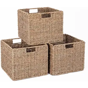 12X12X10in Cube Wicker Seagrass Storage Baskets Set of 3 for Shelves Pantry Kitchen Bathroom Organization and Storage