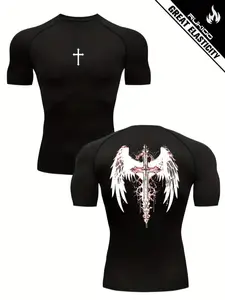 1pc Men's Compression Workout Shirt – Cross & Wings Print, Athletic Style Activewear, High Performance Activewear, Gym Outfit, Slim Fit, Breathable & Stretchy Top for Gym & Training