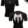 Men's Compression Workout Shirt, Athletic Tops, Fitness Sport Top, Athletic Fitness Clothes, Gym Apparel – Cross & Wings Print, High Performance Activewear, Slim Fit, Breathable & Stretchy Top for Gym & Training, Activewear Clothing