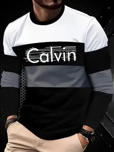 Men's Colorblock Print Long Sleeve T-Shirt, Contrast Casual Top, Fall Versatile Layering Shirt, Stylish Men's Apparel, Menswear