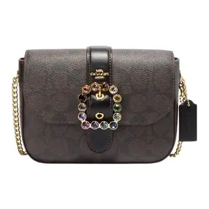 COACH Gemma 18 Classic Monogram Crossbody Bag for Women, Embellished with Gems, Smooth Leather and Coated Canvas, Small Size, Dark Brown