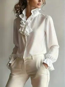 French Vintage Ruffled Stand Collar Shirt for Women, Satin Drape Flare Sleeves, Gentle Commuter Long Sleeve Top, Adult Fashion