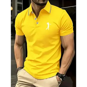 Men's Short Sleeve Shirt - White With Red Golf Print, Striped Collar & Cuffs, Breathable Summer Golf & Casual Wear, Machine Washable Regular Fit, Durable Fabric