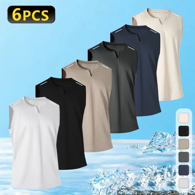 Men’s ice-feel quick-dry sleeveless tank top with a small V-neck and reflective stripes; fitness T-shirt/sports casual top made from ice silk textured fabric, highly elastic with no restrictive feel—stretchy yet not tight, suitable for sports and everyday