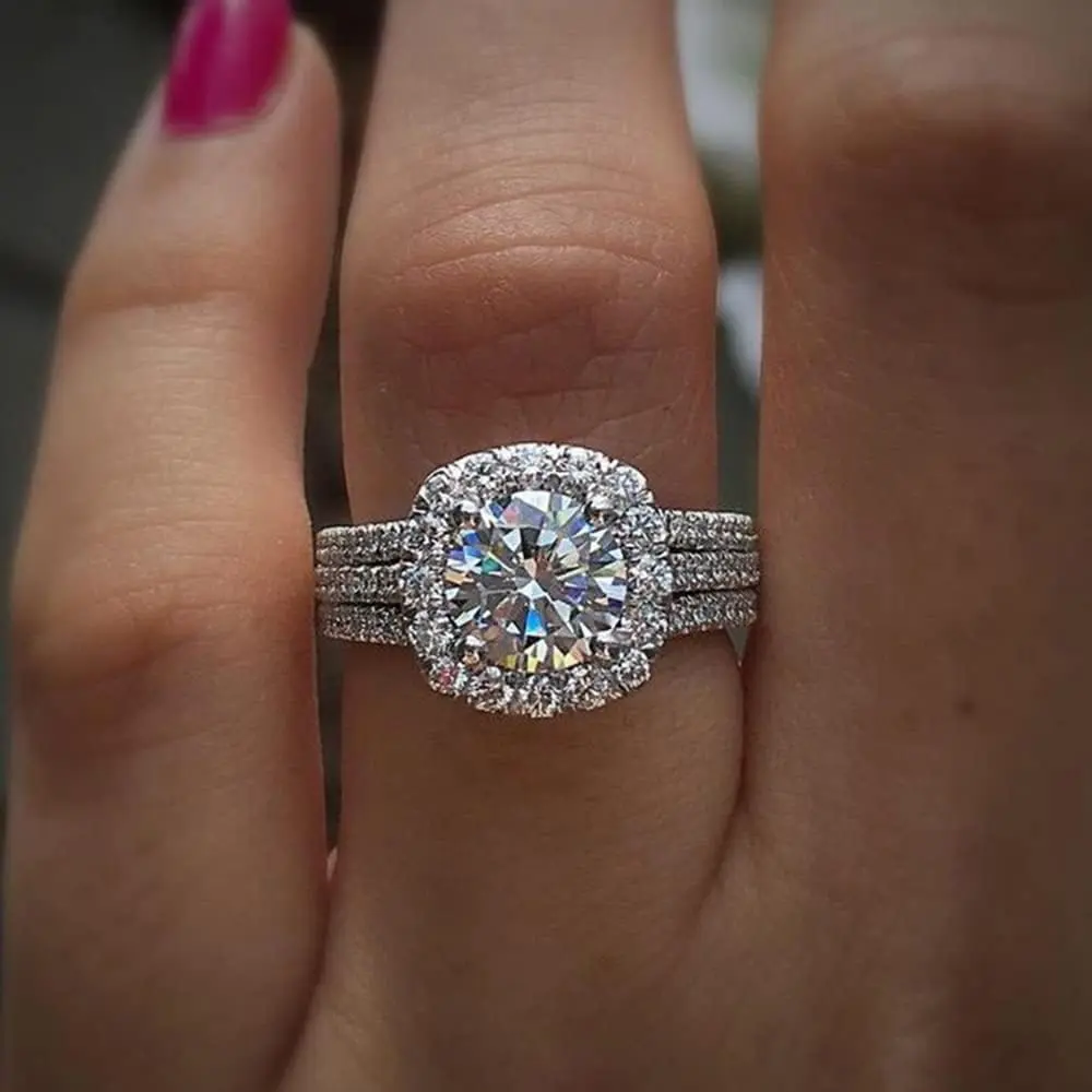 Fashion Jewelry 925 Sterling Silver Shiny Full Diamond Ring Round Cubic Zirconia Anniversary Promise Cocktail Ring CZ Diamond Multi Row Ring Eternity Engagement Wedding Band Ring (Size 8)