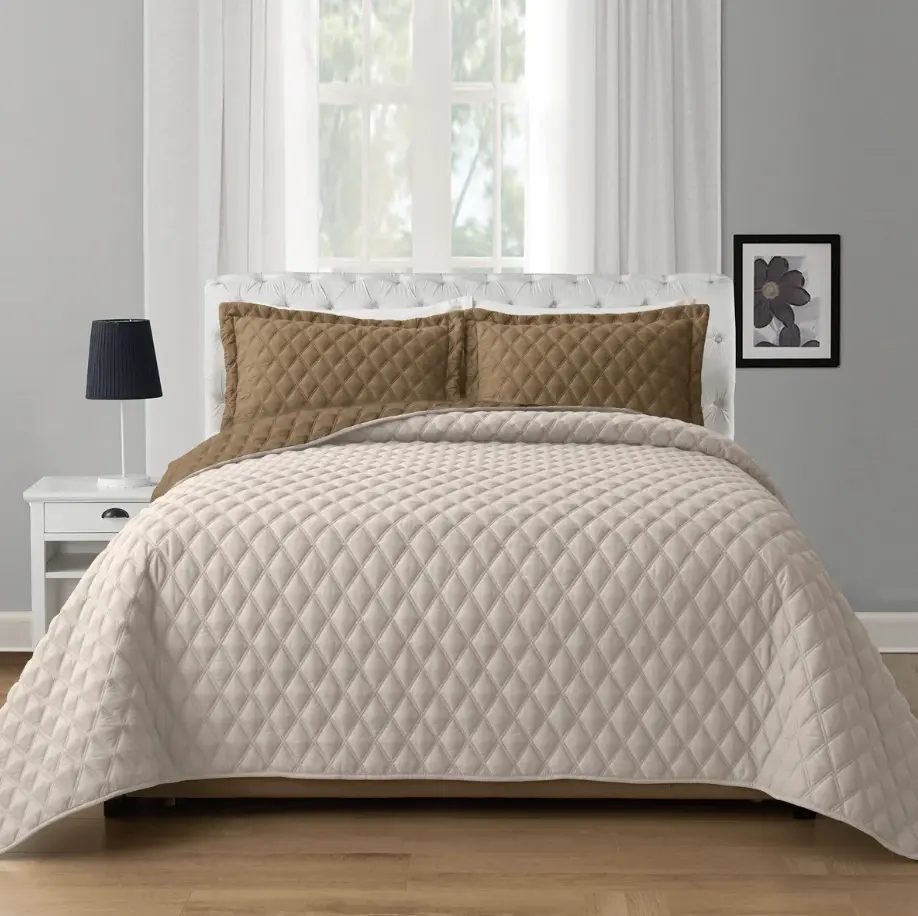 Mocassi 3-Piece Reversible Diamond Pattern Coverlet Bedding Set - Soft Microfiber Bedspread, Hotel Premier Finish Quilt Bedding Set