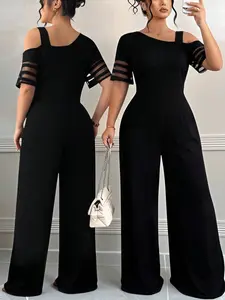 Plus Size Women's Off-Shoulder Mesh Patchwork Wide Leg Jumpsuit, Summer Commute/party/dating, Conceals Fat, High Waist, Sexy