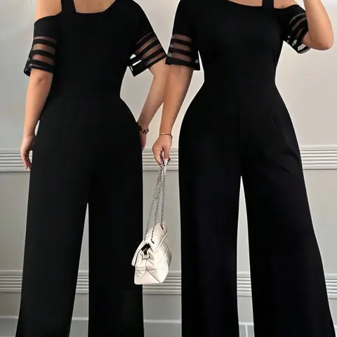 Plus Size Women's Off-Shoulder Jumpsuit, Contrast Mesh Design, High-Waisted Wide Leg, Summer Office Party Date, Slimming Sexy Chic Style