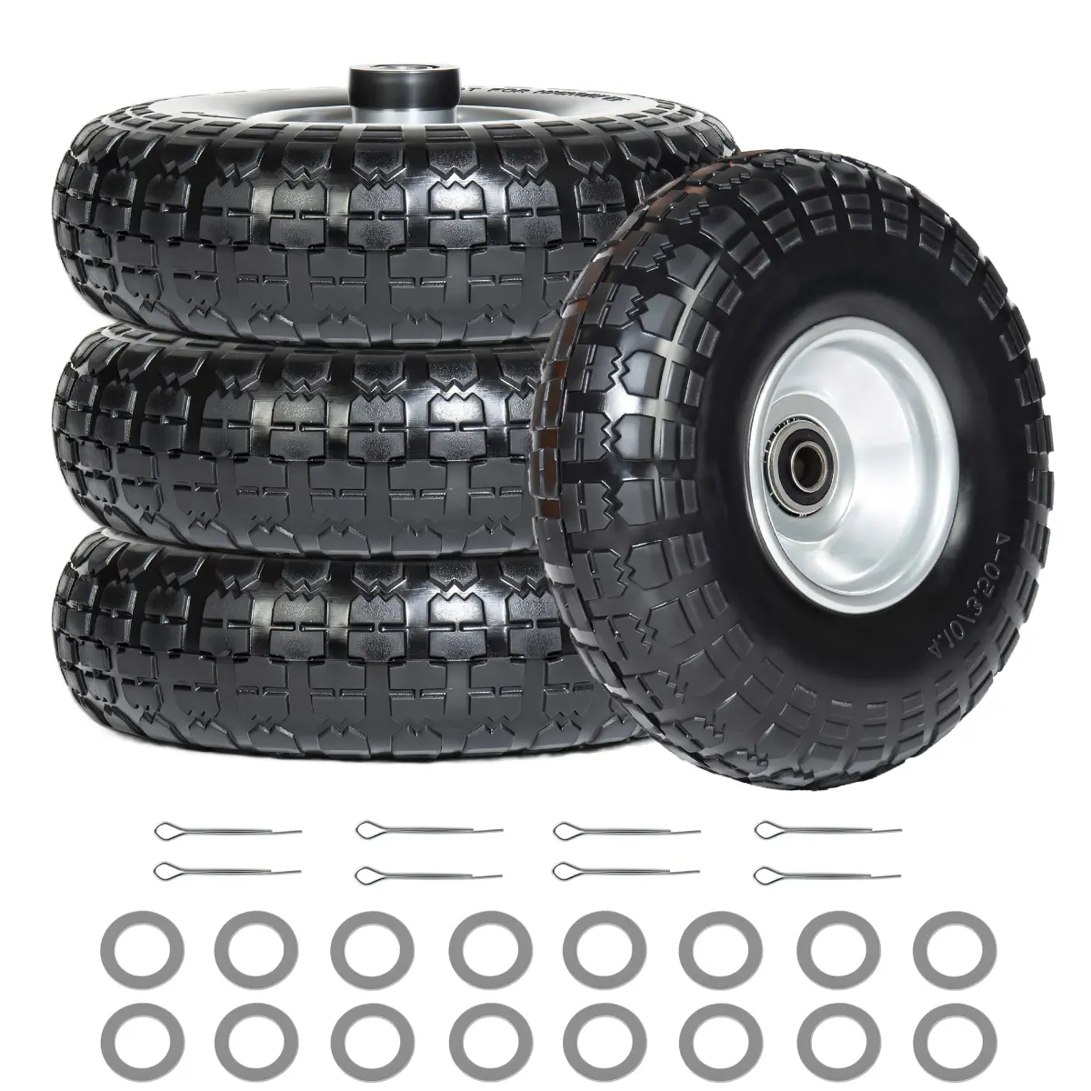 4-Pack Flat-Free PU Foam & Steel Wheels, 10 Inch 4.10/3.50-4 Tires with 5/8" Sealed Bearing, 2.25" Offset Hub, 350LBS Capacity, Welded Steel Rim, Pre-Assembled for Wheelbarrow, Garden Cart Complete Kit